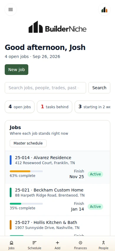 The BuilderNiche dashboard on a phone